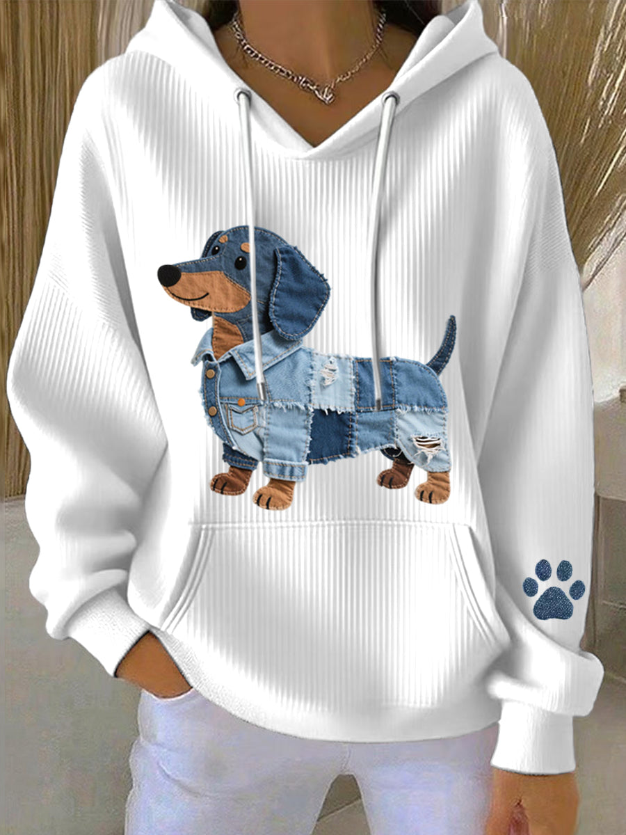Morena – Women's sweatshirt with patchwork art and dachshund motif