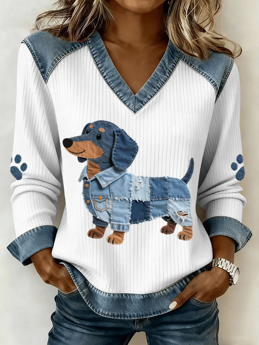 Sombra – women's top with artistic denim patchwork and V-neck