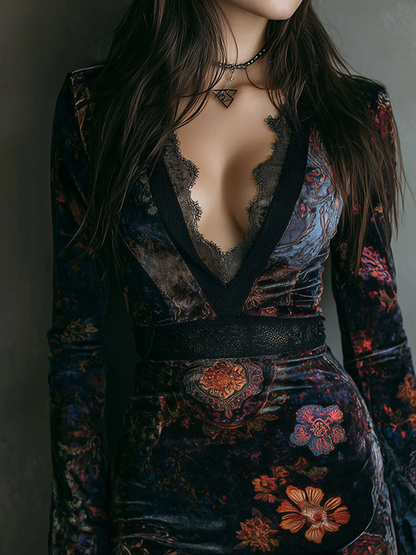 Floral Print V-Neck Velvet Lace-Trim Slim-Fit Mini Dress