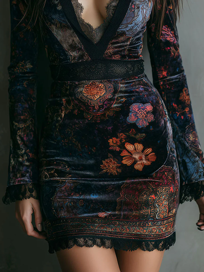 Floral Print V-Neck Velvet Lace-Trim Slim-Fit Mini Dress