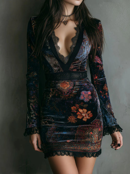 Floral Print V-Neck Velvet Lace-Trim Slim-Fit Mini Dress