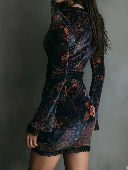 Floral Print V-Neck Velvet Lace-Trim Slim-Fit Mini Dress