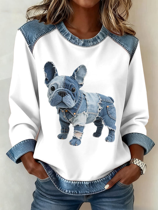 Alma – Women's sweatshirt with denim patchwork in French bulldog style