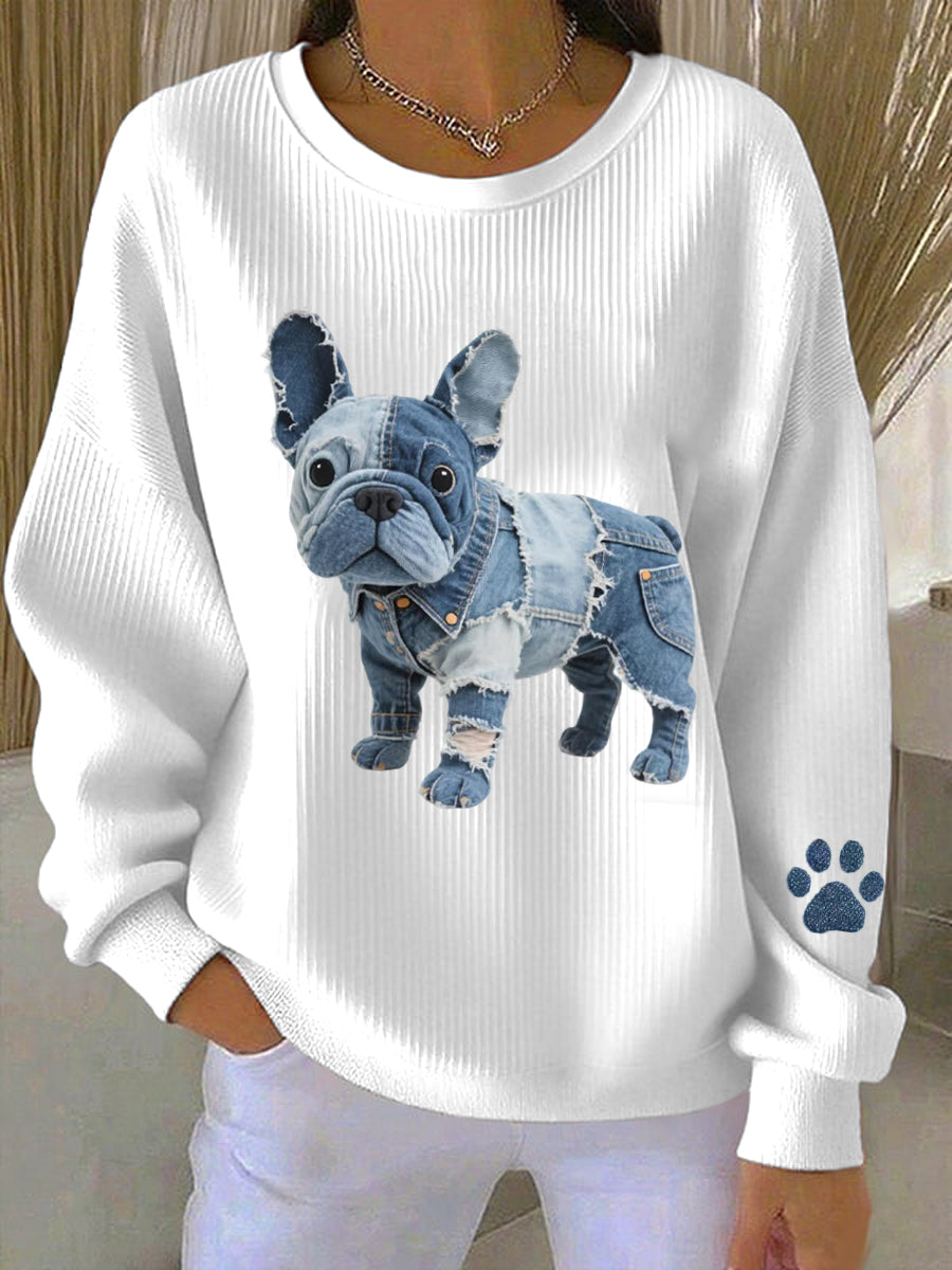 Rosa – Women's sweatshirt with denim patchwork in French bulldog style