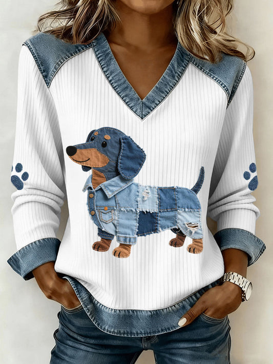 Sombra –  women's top with artistic denim patchwork and V-neck