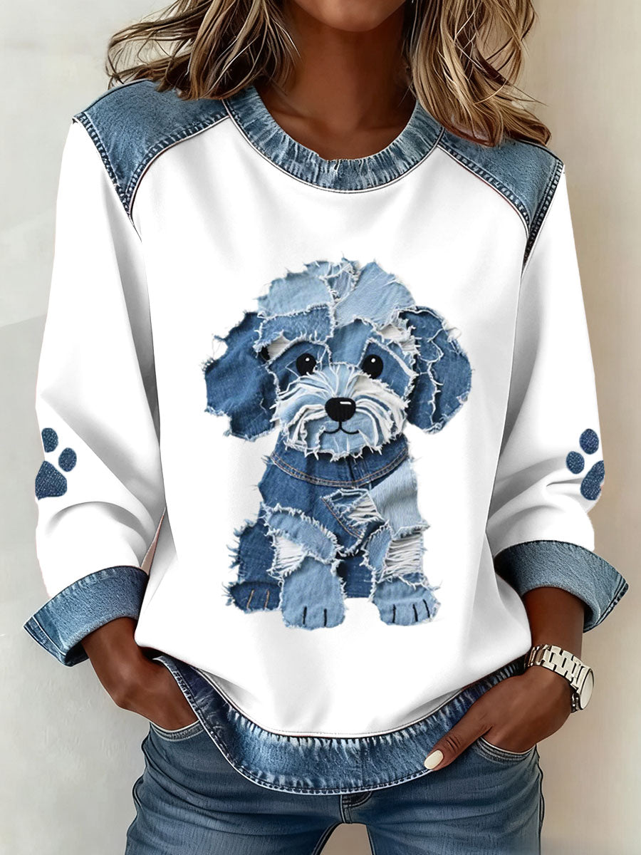 Alma – Women's sweatshirt with denim patchwork in French bulldog style